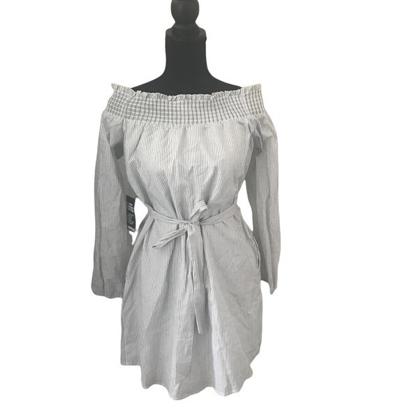 Express White And Grey Striped 3/4 Sleeved Shirt Dress Size M - Picture 1 of 4